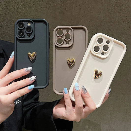 3D Gold Heart Silicone Soft Phone Case For iPhone 15 14 13 12 11 16 17 Pro Max XS XR 7 8 Plus SE Shockproof Candy Matte Cover-0