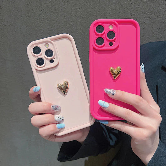 3D Gold Heart Silicone Soft Phone Case For iPhone 15 14 13 12 11 16 17 Pro Max XS XR 7 8 Plus SE Shockproof Candy Matte Cover-1